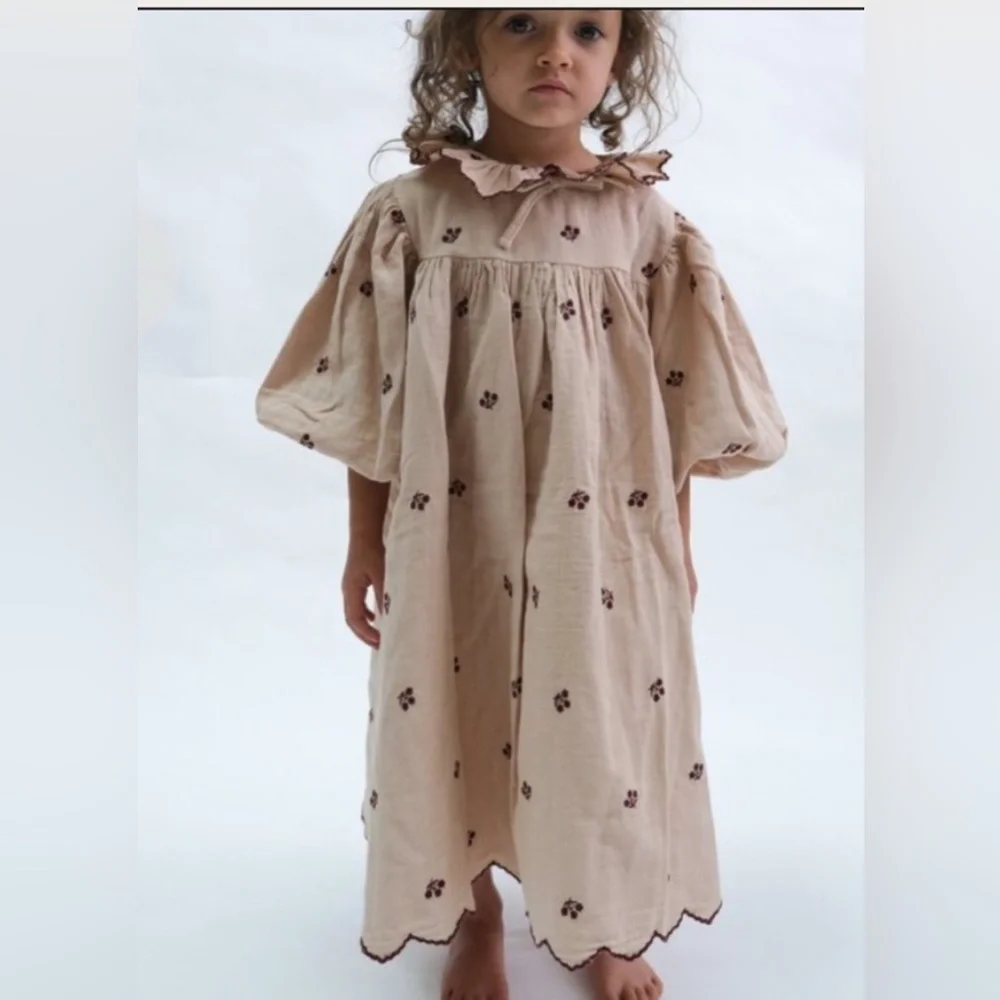 NWT Girls Beige Embroidered Cotton Dress with Ruffled Collar